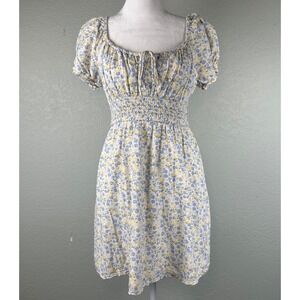 Hollister Floral Smocked Mini Dress Size M Yellow Blue Puff Sleeve Cottagecore